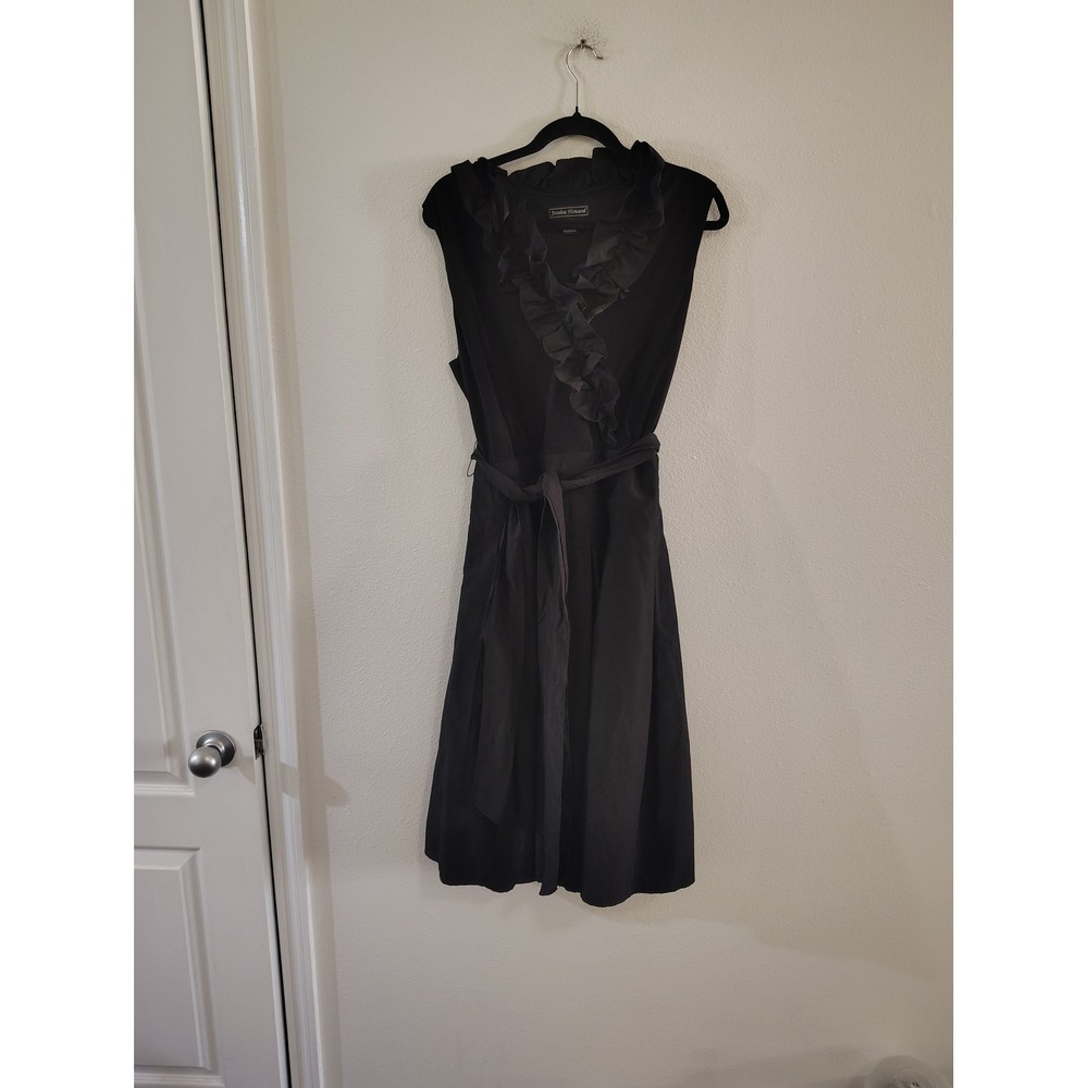Jessica Howard Womens Black Ruffle V-Neck Sleeveless Fit Flare Belted Dress 16